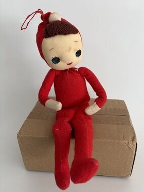 Red Christmas Pixie Elf Doll 10" Felt Adjustable Arms Holiday Shelf Sitter